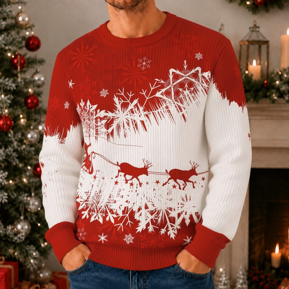 3D Printing Xmas - เสื้อสเวตเตอร์คริสต์มาสแบบยูนิเซ็กส์ ลายกวางเรนเดียร์และเกล็ดหิมะ ถักนิตติ้ง คอกลม แขนยาว สไตล์นอร์ดิก